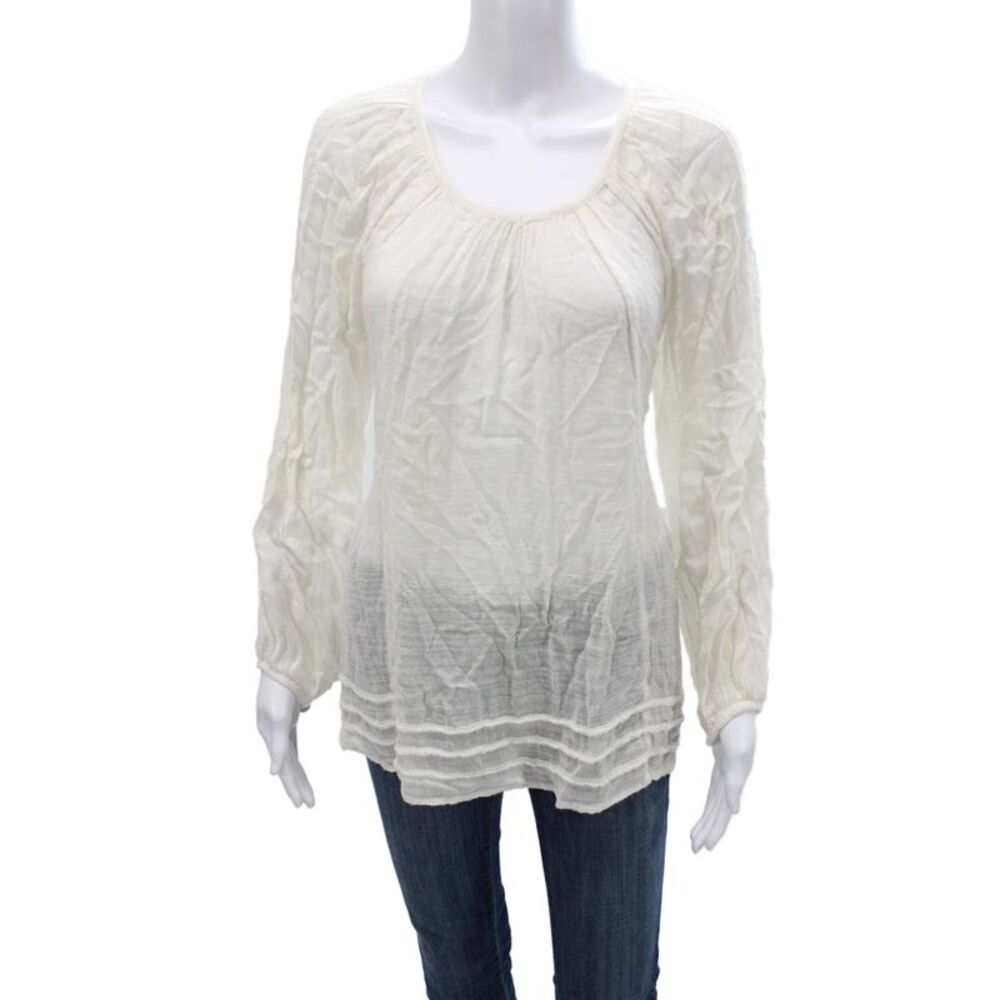 Letarte Women Tunic Blouse White Scoop Neck Long Sleeve Size S